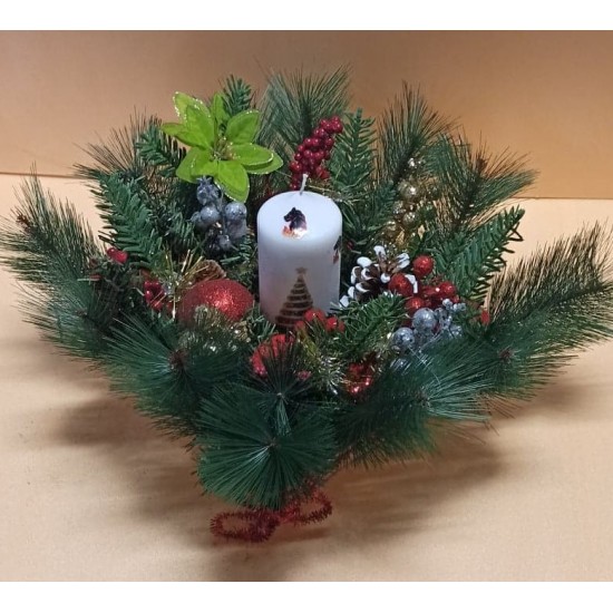 Christmas arrangement with basket light wicker square tray.