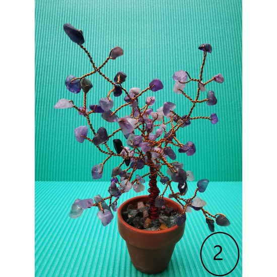 Decorative tree. Bonzai tree with mother-of-pearl chips, amethyst, enameled copper wire, 5 cm terracotta pots. Pot height by 15 cm. (mixed chips)