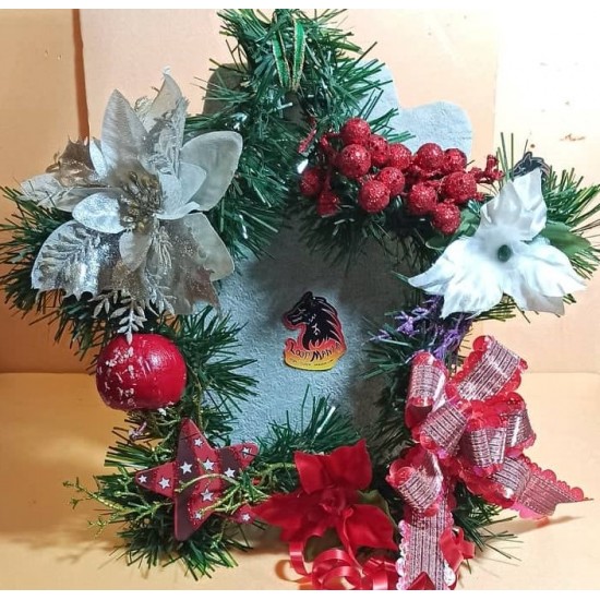 Christmas star wreath with artificial fir, Christmas flowers, star and apple. Size 25 cm.