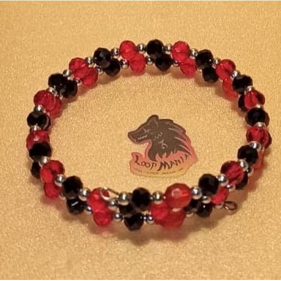  Black faceted crystal bracelet, black and red acrylic pearls, silver beads. 