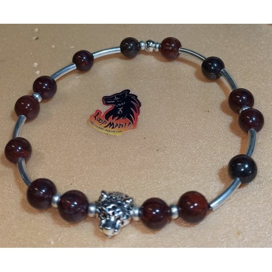 Bracelet brass jasper with metal beads buddha, dragon, lion. Made of elastic cord, 8 mm jasper beads with silver metallic beads buddha, dragon, Tibetan silver lion and silver-plated spacers. Size about 20-24 cm.