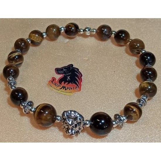 Bracelet. Tiger eye bracelet with metal beads buddha, lion, dragon. Made of elastic cord, 8 and 10 mm tiger beads with silver metallic beads buddha, lion, Tibetan silver dragon and silver spacers. Size about 20-24 cm.