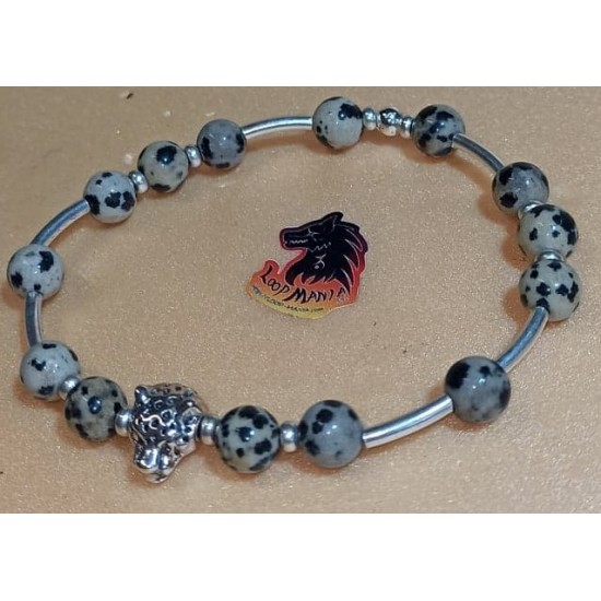 Bracelet.  Dalmatian jasper bracelet with metal beads lion, dragon. Made of elastic cord, 8 mm Dalmatian jasper beads with lion silver metallic beads, Tibetan silver dragon and silver spacers. Size about 20-24 cm.