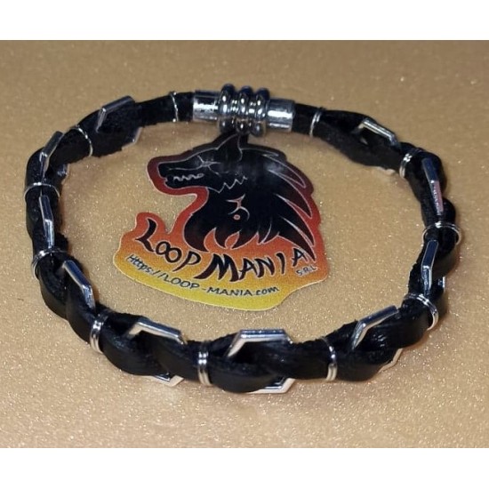 Natural leather cord bracelet. Made of 4 mm black leather cord, 2 wires, silver links, silver-plated metal beads and silver magnetic clasps. Model size 1 = 17.8 cm.
