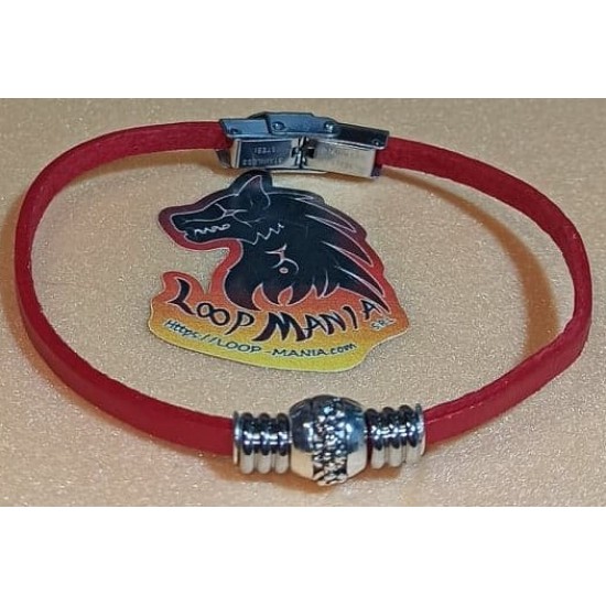 Natural leather cord bracelet. Made of 4 mm red leather cord, stainless steel spacer, silver metal beads and stainless steel band clasps. Model size 1 = 20.3 cm, model 2 = 20.3 cm, model 3 = 20.3 cm, model 4 = 20.3 cm.