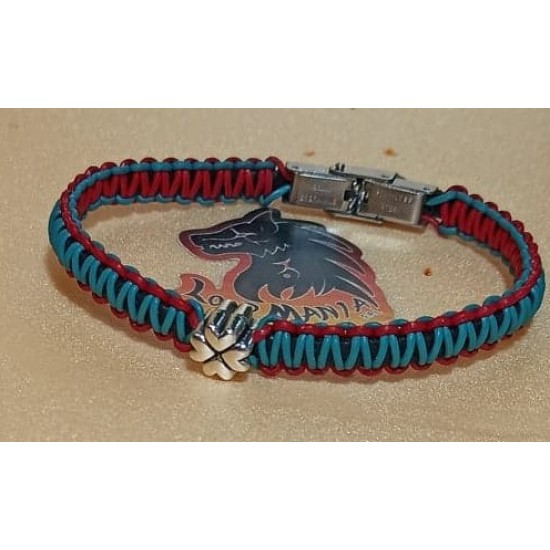  Cord bracelet woven of natural leather. Made of 4 mm leather cord, 1 mm natural leather cord, hand-woven different colors, stainless steel spacer, silver metal beads and stainless steel band clasps, model 5 lobster clasp with 5 cm extension. Model size 1