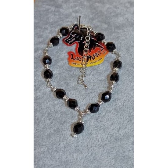Bracelet made of Czech glass beads, black faceted spheres, spacers and silver-plated beads. Made of silicone wire with silver-plated lobster clasps and silver extension. BRT342-1 = 17.1 cm + 5 cm extension, BRT342-2 = 19.1 cm + 5 cm extension, BRT342-3 = 