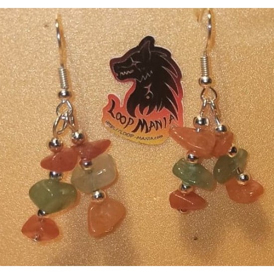 Green and brown semi-precious chip earrings with silver plated accessories.