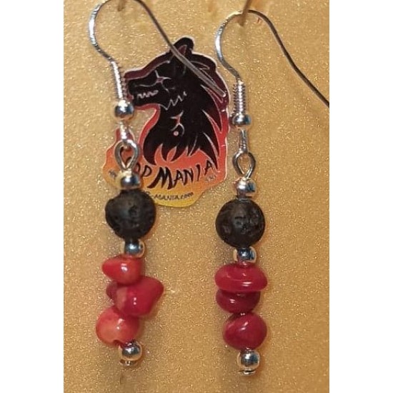  Earrings volcanic rock and coral chips. Made of silver-plated needles with silver-plated accessories and cakes, volcanic rock spheres, coral chips and silver-plated spacer spacers.