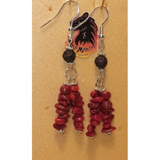  Earrings made of coral chips and volcanic rock spheres. Made on silver-plated needles with silver-plated accessories and cakes, coral chips and silver-plated spacer spacers.