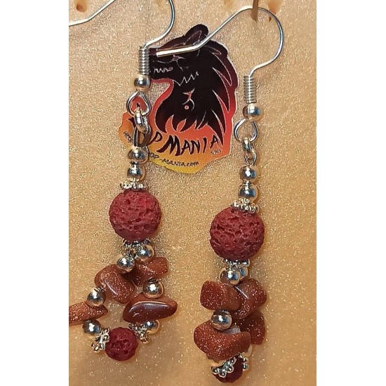 Earrings volcanic rock and sun stone chips. Made of silicone wire with silver-plated accessories and cakes, volcanic rock spheres, sunstone chips and silver-plated spacer spacers.