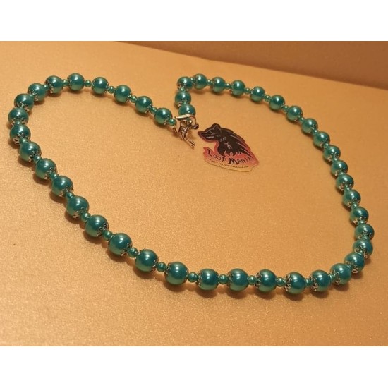 Necklace (about 60 cm) with light blue glass beads, tibetan silver bead caps and silver heart toggle clasp.
