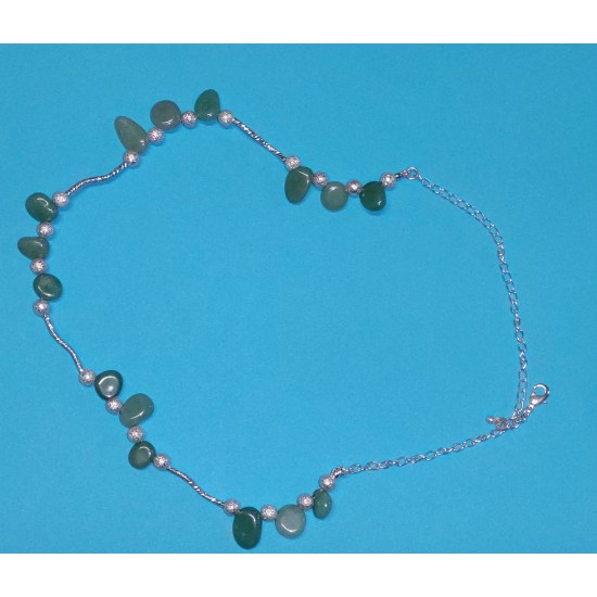 Necklace about 48 cm, made of silicone wire + silver-plated extension 5cm, silver-plated metal chain, semiprecious irregular nuggets aventurine