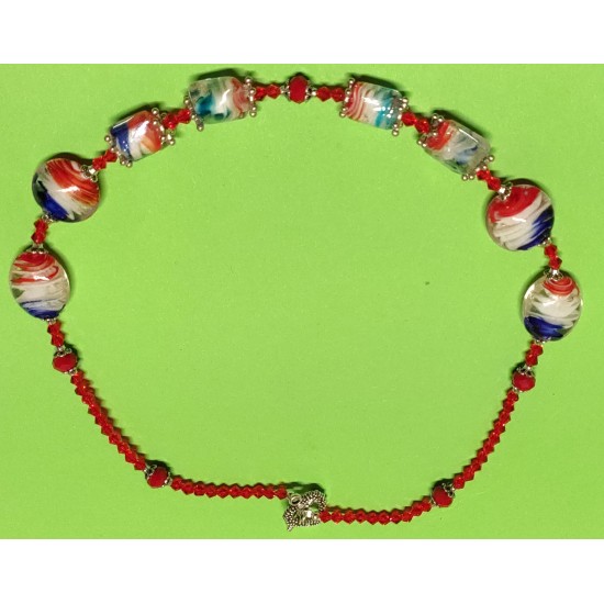 Lampwork glass beads necklace (oval, round and barrel), transparent red biconical faceted glass crystals and transparent red faceted,