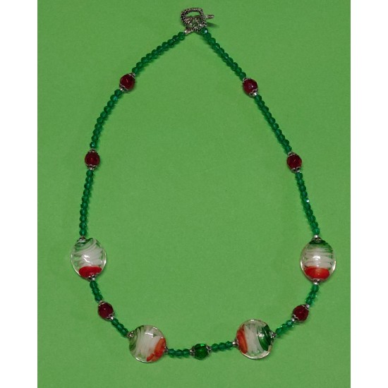 Lampwork glass beads necklace (oval and round), transparent green and transparent red faceted glass crystals, 