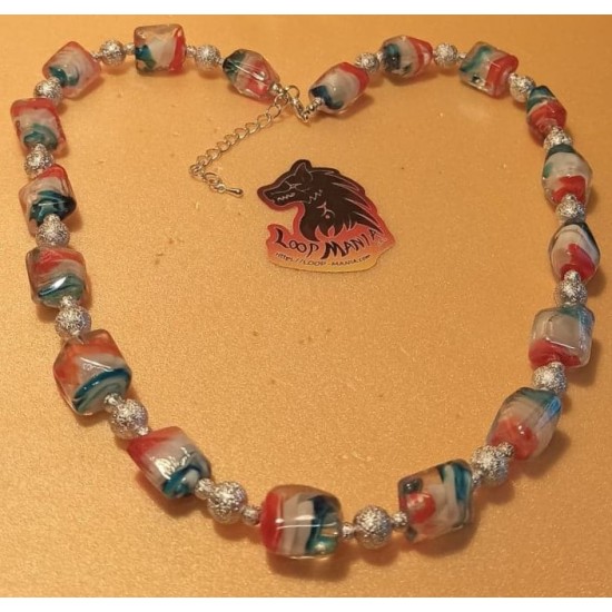  Lampwork glass bead necklace with blue-white-red spiral inside 16x15x14mm, made of silicone wire, silver stardust beads and silver accessories. Length 60 cm + 5 cm silver extension, lobster lock.