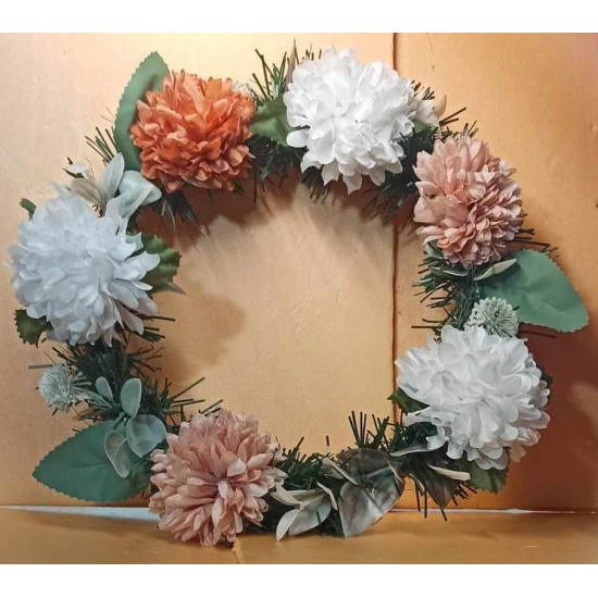 Fir wreath with artificial flowers, dahlias. 