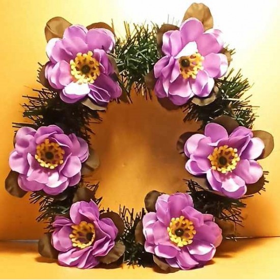 Fir wreath with artificial flowers, different colored water lilies. FUNE007-1=white water lily with blue, 