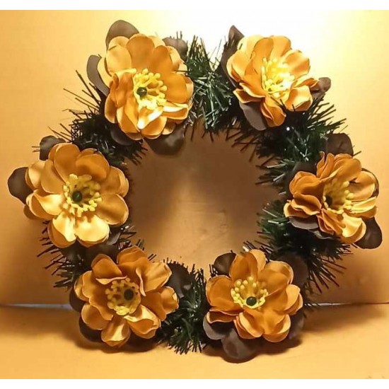 Fir wreath with artificial flowers, different colored water lilies. FUNE007-1=white water lily with blue, 