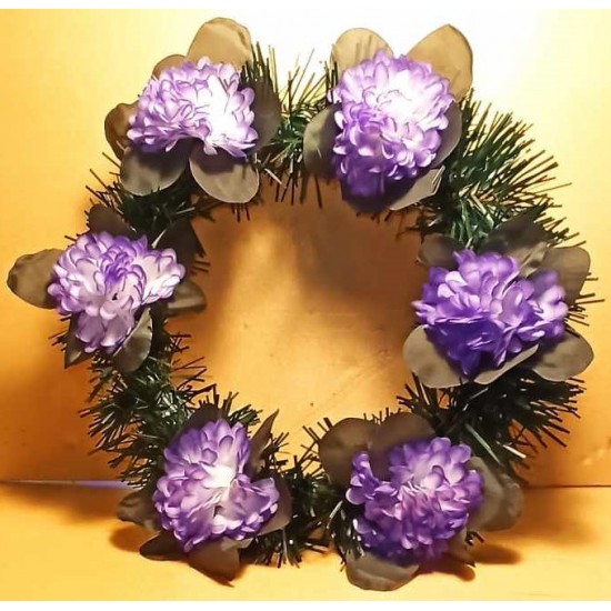 Artificial fir wreath with artificial flowers, dahlias 10 cm, different colors.