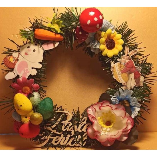 Easter wreath made of artificial fir tree and artificial flowers with polystyrene eggs, poisson and various Easter decorations. Size 20-23 cm.