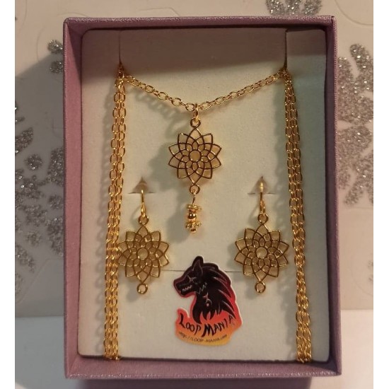 Jewelry set. Chain with rosette connector earrings gold plated 20x14mm, spacer beads gold plated 3mm, no niche, star spacer beads gold plated 4mml, gold plated necklace base 77cm length, za 3x2mm, round head pins gold plated 45mm, simple gold plated cakes