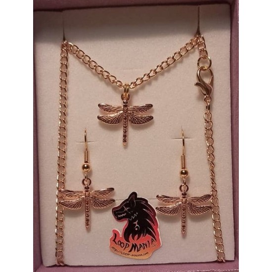 Jewelry set. Chain with earrings with gold-plated necklace base 46cm long, za 4x2,5mm, metal ornament (charm) DQ dragonfly, 17x18mm, plated with rose gold and 22mm cake with spiral, ball and loop, gold-plated.