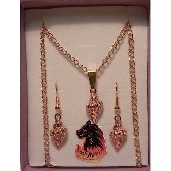 Jewelry set. Chain and earrings with necklace base plated with silver 46cm length, za 3x2mm, metallic ornament (charm) DQ shell, 19x9mm, plated with rose gold, thin wide hanger plated with gold 11x4mm diam. and 22mm cake with spiral, ball and loop, gold p