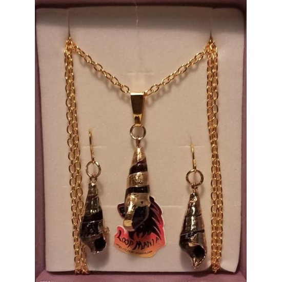 Jewelry set. Chain and earrings with gold-plated necklace base 77cm long, za 3x2mm, Dark Brown-Gold snail pendant, 31-35 x 11-12mm and simple gold-plated cakes 22x11mm.