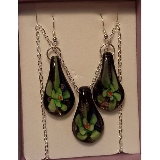 Chain and earrings with black murano pendant with blue flower, tear 30x18x8mm, black murano with orange flower, tear 30x17x8mm black murano with green flower, tear 33x17x8mm, silver plated necklace base with 51cm length, 3x2mm silver plated cake 22mm.