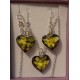 Chain and earrings with black murano with blue flower, heart 33x24x10mm, black murano with yellow flower, heart 27x20x11mm, black murano with green flower, heart 33x24x10mm, black murano with pink flower, heart 27x20x11mm, silver plated necklace base 51x 