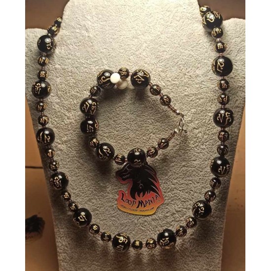 Set: necklace--bracelet. Necklace and bracelet made of black acrylic beads with Chinese inscriptions and glass beads, on silicone wire, with silver-plated accessories, with stainless steel lobster clasps with 7 cm extension
