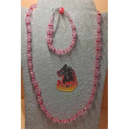 Set: necklace--bracelet red and pink and yellow. Necklace and bracelet, made of two rows of acrylic and glass beads with accessories plated with stainless steel metal beads,