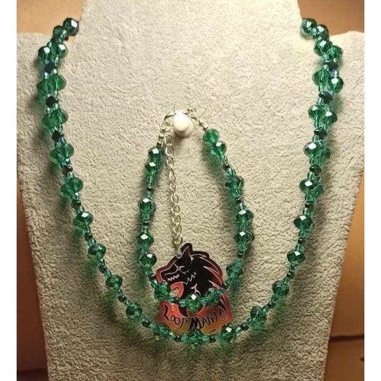 Set: necklace--green bracelet. Necklace and bracelet, made of two rows of acrylic beads and glass with stainless steel metal beads, on silicone wire with stainless steel lobster clasps with 5 cm extension