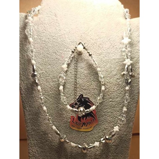 Set: transparent and white necklace-bracelet. Necklace and bracelet, made of two rows of acrylic beads and glass with stainless steel metal beads,