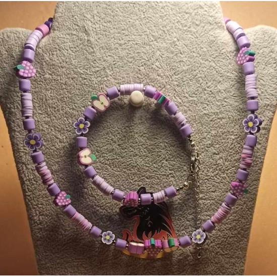 Set: necklace--bracelet. Necklace and bracelet made of fimo beads and stainless steel beads, on siliconized wire, with stainless steel accessories having stainless steel lobster clasps with a 5 cm extension.