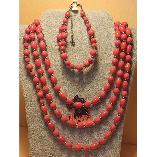 Set: necklace--bracelet with porcelain beads. Necklace and bracelet made of porcelain beads and stainless steel metal beads