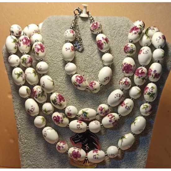 Set: necklace--bracelet with porcelain beads. Necklace and bracelet made of porcelain beads and stainless steel metal beads,